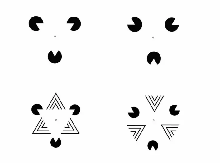 Laeng og Endestad brukte også disse illusjonene, hvor visse sammenstillinger av pacman-former gir en illusjon av konturer rundt en hvit trekant. Når pacman-formene snus, forsvinner illusjonen. Den hvite trekantillusjonen skapte også pupillsammentrekninger, men ikke like kraftige som «Morning sunlight». (Foto: (Figurer: Bruno Laeng og Tor Endestad))