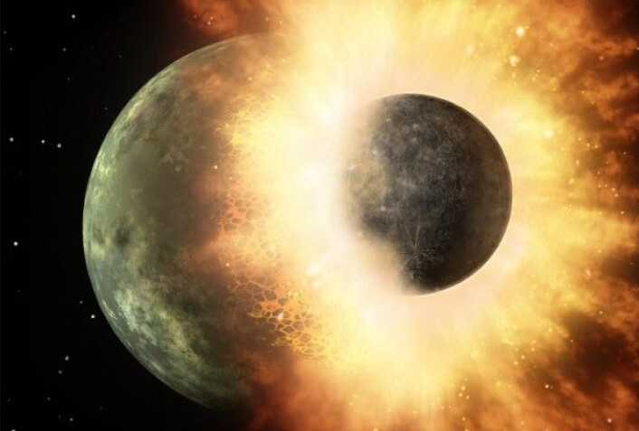 Denne illustrasjonen av en planetkollisjon som ble oppdaget av romteleskopet Spitzer fra NASA viser hvordan Theia kan ha slått løs en bit av jorda og dannet månen. Et team på Washington University i St.Louis har avdekket bevis for denne kollisjonen som forskere har prøvd å finne i mer enn 30 år. (Foto: (Illustrasjon: NASA/JPL-Caltech)) Denne illustrasjonen av en planetkollisjon som ble oppdaget av romteleskopet Spitzer fra NASA viser hvordan Theia kan ha slått løs en bit av jorda og dannet månen. Et team på Washington University i St.Louis har avdekket bevis for denne kollisjonen som forskere har prøvd å finne i mer enn 30 år. (Foto: (Illustrasjon: NASA/JPL-Caltech))