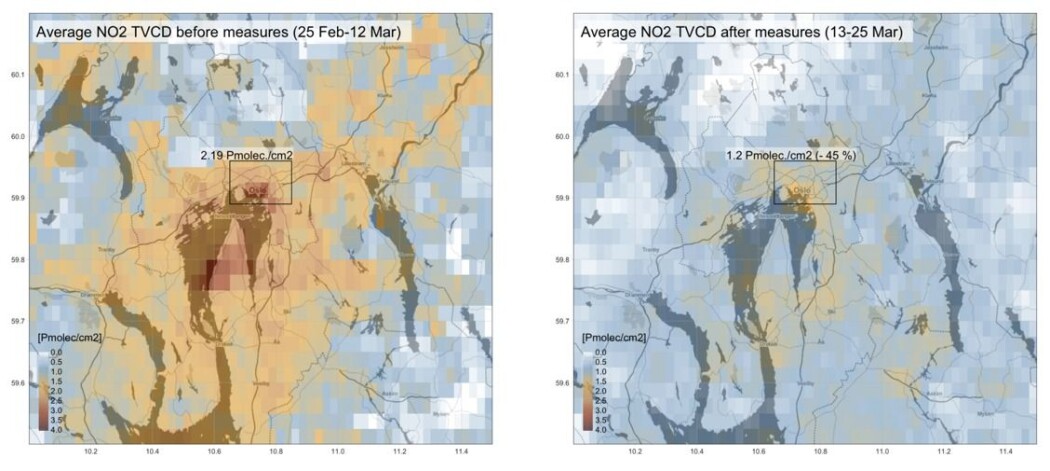 Bildene viser NO2-målinger gjort med satellitt over Oslo og Viken. Venstre bilde viser det gjennomsnittlige forurensningsnivået i ukene før koronatiltakene ble innført 13. mars. Høyre bilde viser gjennomsnittlig nivå etter at tiltakene var satt i verk. Bildene viser NO2-målinger gjort med satellitt over Oslo og Viken. Venstre bilde viser det gjennomsnittlige forurensningsnivået i ukene før koronatiltakene ble innført 13. mars. Høyre bilde viser gjennomsnittlig nivå etter at tiltakene var satt i verk.