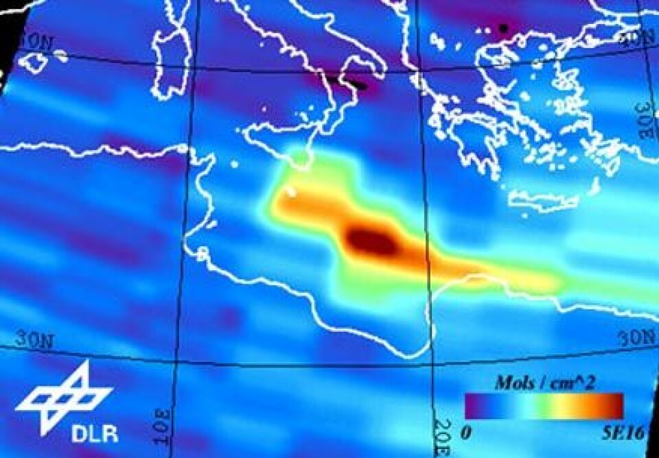 'Satellittmåling av SO2-utslipp fra vulkanen Etna. Interferometriske målinger fra ESAs radarsatellitt Sentinel-1 vil fra 2011 bidra til detaljert overvåkning av verdens vulkaner. (Bilde: ESA/DLR)'