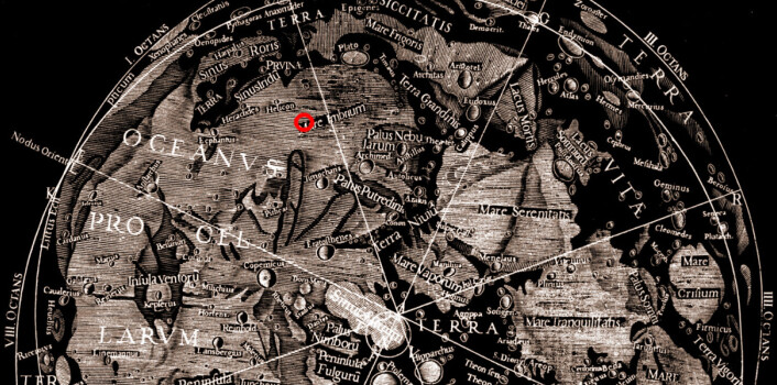Utsnitt av området nær månens nordpol tegnet av den italienske astronomen Giovanni Battista Riccioli i 1651. Han ga navn til Mare Imbrium, lavasletta der den kinesiske månesonden Chang'e 3 landet 14. desember 2013. Omtrentlig landingssted er tegnet inn med rød sirkel. (Foto: (Bilde: Wikimedia Commons)) Utsnitt av området nær månens nordpol tegnet av den italienske astronomen Giovanni Battista Riccioli i 1651. Han ga navn til Mare Imbrium, lavasletta der den kinesiske månesonden Chang'e 3 landet 14. desember 2013. Omtrentlig landingssted er tegnet inn med rød sirkel. (Foto: (Bilde: Wikimedia Commons))