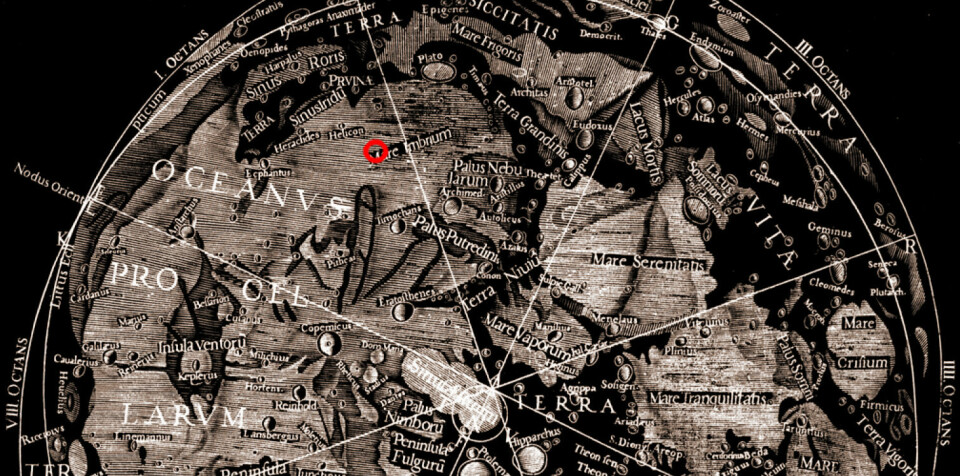 Utsnitt av området nær månens nordpol tegnet av den italienske astronomen Giovanni Battista Riccioli i 1651. Han ga navn til Mare Imbrium, lavasletta der den kinesiske månesonden Chang'e 3 landet 14. desember 2013. Omtrentlig landingssted er tegnet inn med rød sirkel. (Foto: (Bilde: Wikimedia Commons))