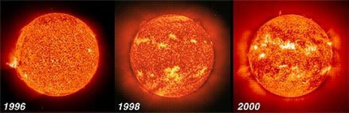 "Sola er en variabel stjerne der utstrålingen varierer med en 11-års syklus med en underliggende historisk trend. De siste tyve årene viser derimot utstrålingen fra sola liten eller ingen trend. Hvordan vil sola påvirke klimaet vårt de neste hundre år? (SOHO/ESA/NASA)" "Sola er en variabel stjerne der utstrålingen varierer med en 11-års syklus med en underliggende historisk trend. De siste tyve årene viser derimot utstrålingen fra sola liten eller ingen trend. Hvordan vil sola påvirke klimaet vårt de neste hundre år? (SOHO/ESA/NASA)"