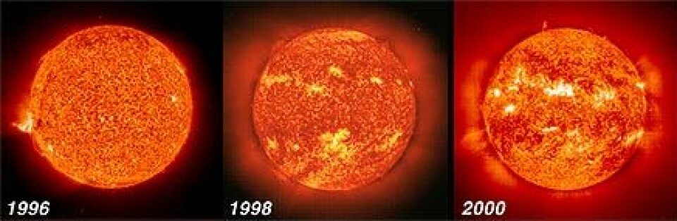 'Sola er en variabel stjerne der utstrålingen varierer med en 11-års syklus med en underliggende historisk trend. De siste tyve årene viser derimot utstrålingen fra sola liten eller ingen trend. Hvordan vil sola påvirke klimaet vårt de neste hundre år? (SOHO/ESA/NASA)'