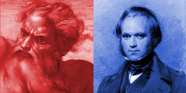 Til venstre: Gud. Til høyre: Charles Darwin.) (Foto: (Illustrasjon: Michelangelo (utsnitt), George Richmond)) Til venstre: Gud. Til høyre: Charles Darwin.) (Foto: (Illustrasjon: Michelangelo (utsnitt), George Richmond))