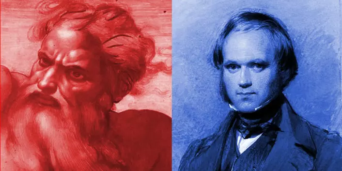 Til venstre: Gud. Til høyre: Charles Darwin.) (Foto: (Illustrasjon: Michelangelo (utsnitt), George Richmond))