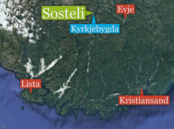 Jernaldergården Sosteli ligger i Åseral kommune i Vest-Agder. Kommunesenteret Kyrkjebygda er nærmeste sted. Lignende ødegårder som Sosteli er funnet på Lista og på Jæren. (Foto: (Kart: Google Maps/tilpasset forskning.no/Per Byhring)) Jernaldergården Sosteli ligger i Åseral kommune i Vest-Agder. Kommunesenteret Kyrkjebygda er nærmeste sted. Lignende ødegårder som Sosteli er funnet på Lista og på Jæren. (Foto: (Kart: Google Maps/tilpasset forskning.no/Per Byhring))