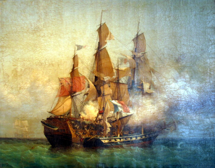 Etter krigserklæringen mellom Frankrike og Storbritannia i 1793 skjøt kapervirksomhetene i Europa fart. I 1807 ble også Danmark-Norge en aktiv kaperstat. På dette maleriet ser vi den franske kaperskuta “Confiance” i kamp mot den britiske ostindiafareren “Kent”. (Foto: (Maleri av Ambroise-Louis Garneray)) Etter krigserklæringen mellom Frankrike og Storbritannia i 1793 skjøt kapervirksomhetene i Europa fart. I 1807 ble også Danmark-Norge en aktiv kaperstat. På dette maleriet ser vi den franske kaperskuta “Confiance” i kamp mot den britiske ostindiafareren “Kent”. (Foto: (Maleri av Ambroise-Louis Garneray))