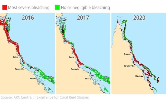 Illustrasjonen viser hvilke områder av Great Barrier Reef som var hardest rammet i 2016, 2017 og 2020. Illustrasjonen viser hvilke områder av Great Barrier Reef som var hardest rammet i 2016, 2017 og 2020.