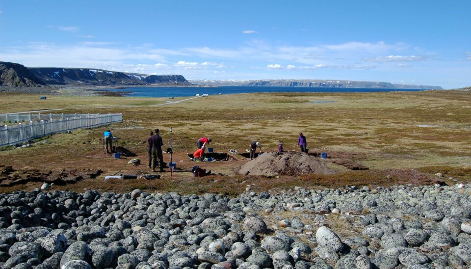 The excavation and the view towards the west in Varanger. During the settlement, the shoreline was approximately 10 meters below the edge of the excavation. The land has risen a lot since the settlement was in use, some 12 meters.