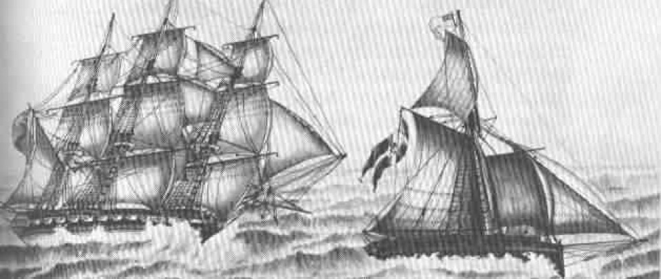 Kaperen «Den Norske Gut» i kamp med den britiske fregatten «Tartar» 31. oktober 1808. Kaperen hadde 10 kanoner og 50 manns besetning. Masten på det norske fartøyet brakk og samtlige av nordmennene ble ført til Skottland. (Foto: (Ukjent kunstner))