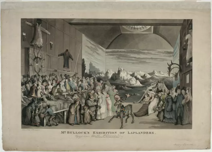 ”Mr. Bullock’s Exhibition of Laplenders”. London 1822-23, familien Jens og Karen Thomassen Holm, frå Røros. (Foto: (Illustrasjon: Nasjonalbiblioteket))