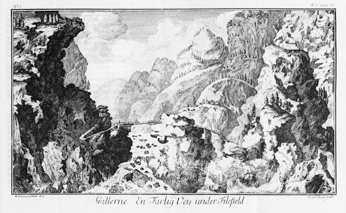 På 1700-tallet ble det norske landskapet sett på som vilt og farlig, og bildet har tittelen: På Gallerne. En farlig Vey under Filefjeld. Fra Erich Pontoppidan, Det første Forsøg paa Norges Naturlige Historie, (København, 1752/53). (Foto: Arthur Sand) På 1700-tallet ble det norske landskapet sett på som vilt og farlig, og bildet har tittelen: På Gallerne. En farlig Vey under Filefjeld. Fra Erich Pontoppidan, Det første Forsøg paa Norges Naturlige Historie, (København, 1752/53). (Foto: Arthur Sand)