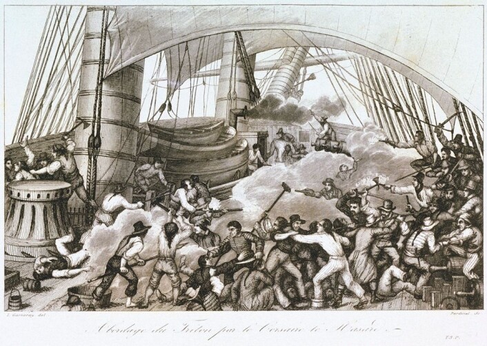 Et fransk skip bordes av britiske kapere. Mannskapet og kaperne slåss med alt de kan finne av mulige våpen. (Foto: (Ambroise-Louis Garneray)) Et fransk skip bordes av britiske kapere. Mannskapet og kaperne slåss med alt de kan finne av mulige våpen. (Foto: (Ambroise-Louis Garneray))