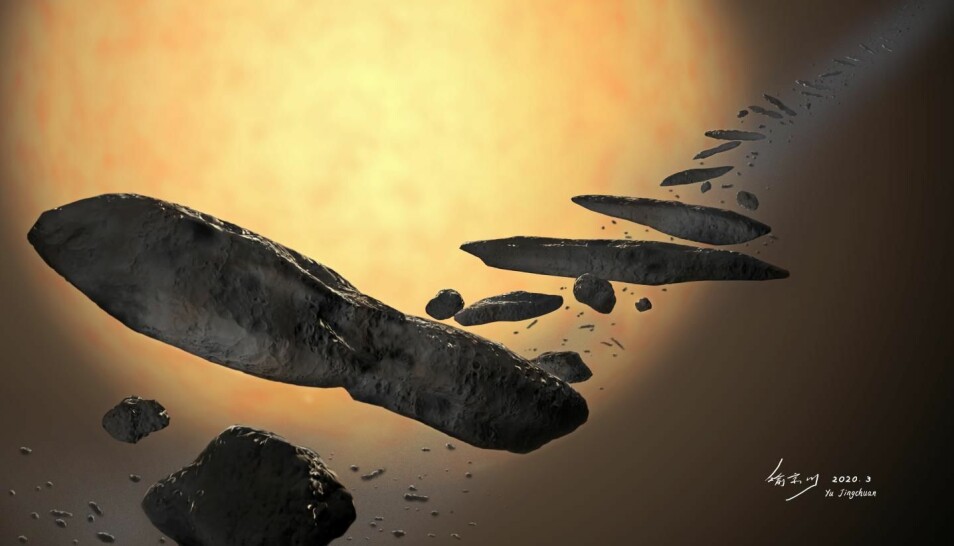 Slik ser en kunstner for seg at 'Oumuamua så ut da det ble kastet ut av sitt eget stjernesystem, ifølge forklaringen i den nye forskningsartikkelen.