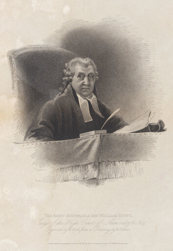 William Scott (Lord Stowell) kan ha vært den første til å slå fast at dommerne burde dømme likt, uavhengig av hvilket land de satt i. Slik banet han vei for dagens folkerett. (Foto: (Gravering av William Holl den eldre, etter et maleri av William Behnes.)) William Scott (Lord Stowell) kan ha vært den første til å slå fast at dommerne burde dømme likt, uavhengig av hvilket land de satt i. Slik banet han vei for dagens folkerett. (Foto: (Gravering av William Holl den eldre, etter et maleri av William Behnes.))