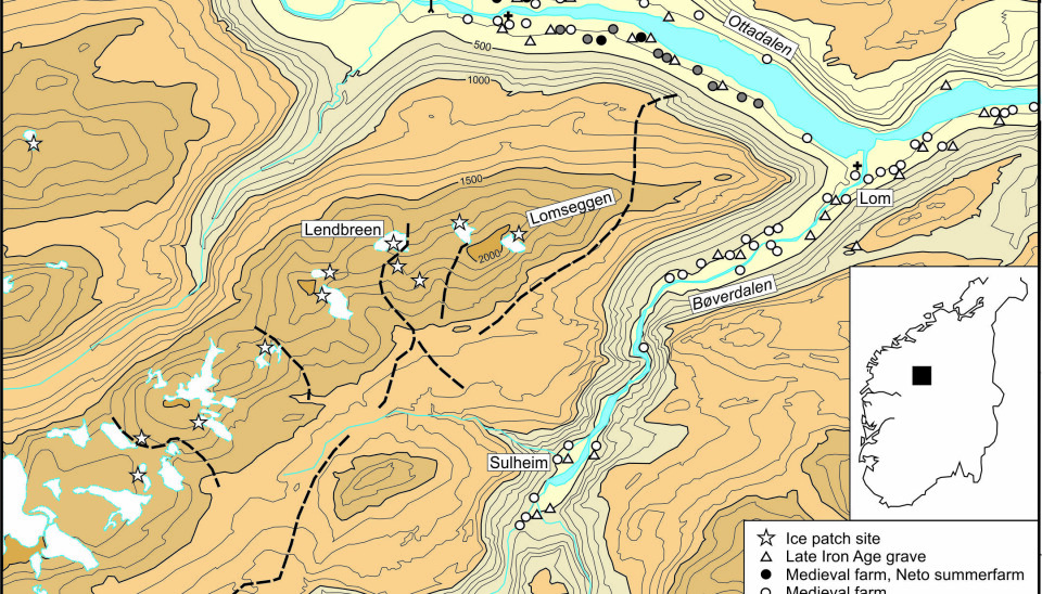 På dette kartet er det tegnet inn forskjellige ruter over fjellet. Lendbreen sees omtrent midt i bildet.