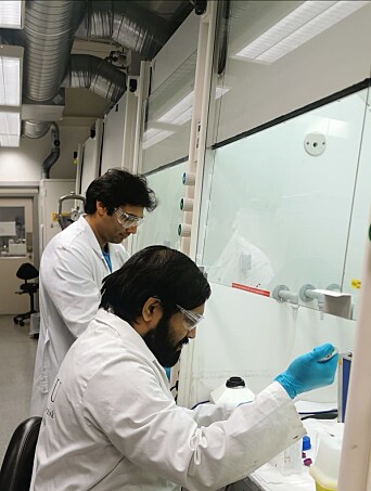Anuvansh Sharma from the Department of Materials Science and Sulalit Bandyopadhyay from the Department of Chemical Engineering in the lab. They and Vegar Ottesen developed the magnetic particles for the test. Anuvansh Sharma from the Department of Materials Science and Sulalit Bandyopadhyay from the Department of Chemical Engineering in the lab. They and Vegar Ottesen developed the magnetic particles for the test.