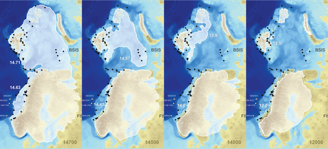 Between 15,000 and 14,000 years ago, almost all of the ice withdrew from the Barents Sea. The maps show the ice sheet covering Scandinavia and the Barents Sea 14,700, 14,500, 14,000 and 12,000 years ago. The black dots mark locations the time of old data have been calibrated. The white marks are the source data locations. The white numbers show the age determined for the marked boundaries of the southern and northern part of the ice sheet, in thousand years. Between 15,000 and 14,000 years ago, almost all of the ice withdrew from the Barents Sea. The maps show the ice sheet covering Scandinavia and the Barents Sea 14,700, 14,500, 14,000 and 12,000 years ago. The black dots mark locations the time of old data have been calibrated. The white marks are the source data locations. The white numbers show the age determined for the marked boundaries of the southern and northern part of the ice sheet, in thousand years.