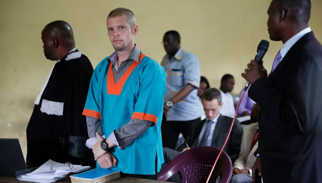 Dette bildet er fra rettssaken mot Joshua French i Kinshasa, Kongo, 2014. French var da tiltalt for drapet på medfange og kamerat Tjostolv Moland, som ble funnet død på cella i august året før.