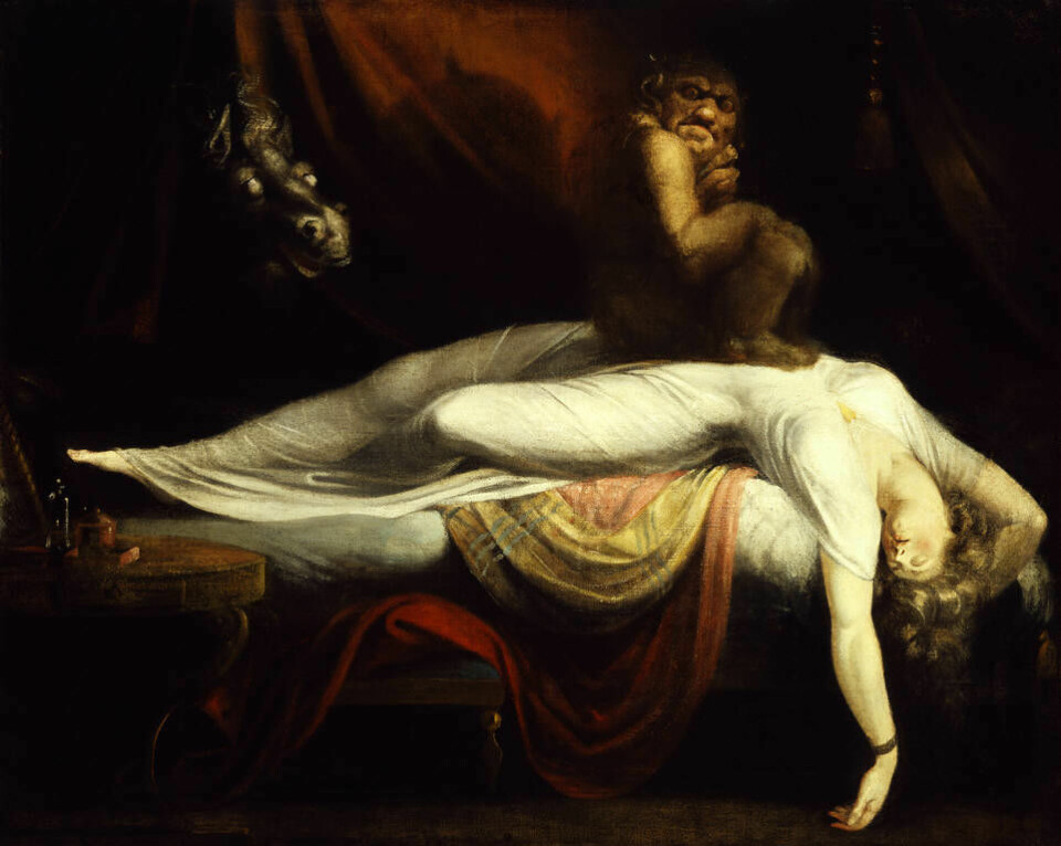 I tidligere tider var natten full av redsler. Man trodde blant annet at vonde drømmer ble forårsaket av at vesenet mare satte seg på brystet og red den sovende. Derav ordet mareritt. (Foto: (Marerittet av Henry Fuseli, 1789))