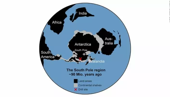 Kontinentene lå på en litt annen plass for 90 millioner år siden enn i dag. Kartet viser hvordan forskerne tror det var. Det røde krysset viser hvor de boret.