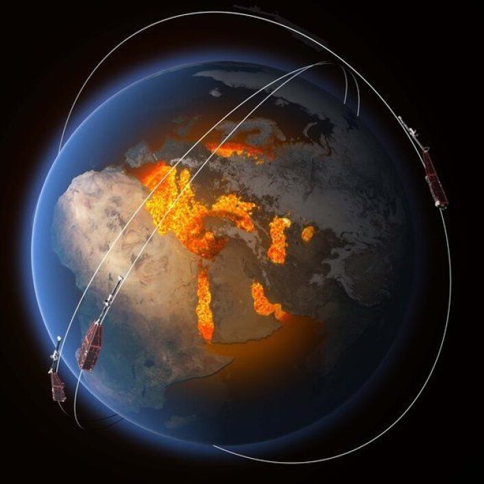 Banene til de tre satellittene i Swarm høyt over jordas indre som skaper magnetfeltet. (Foto: (Illustrasjon: ESA/ATG Medialab)) Banene til de tre satellittene i Swarm høyt over jordas indre som skaper magnetfeltet. (Foto: (Illustrasjon: ESA/ATG Medialab))