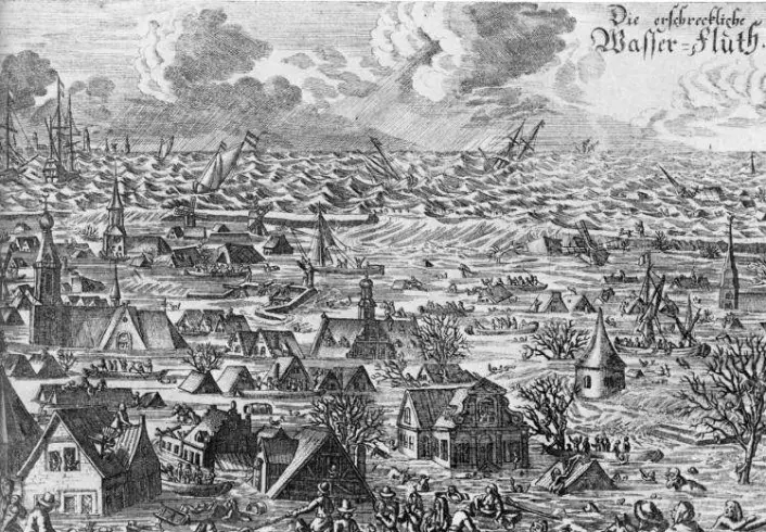 Superstormen i 1634 er den eldste dokumentert stormflodkatastrofen i danmarkshistorien. Store landområder forsvant, for eksempel den nordfrisiske byen Rungholdt. Andre steder oppsto det nye øyer. (Foto: Merops)
