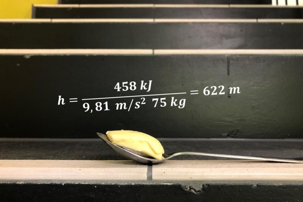 Et regnestykke som involverer vekta di og gravitasjonskraften, men ikke så mye mer, viser at du må klatre 622 høydemeter for å bruke opp en spiseskje, som rommer 15 gram smør, hvis du veier 75 kilo. Et regnestykke som involverer vekta di og gravitasjonskraften, men ikke så mye mer, viser at du må klatre 622 høydemeter for å bruke opp en spiseskje, som rommer 15 gram smør, hvis du veier 75 kilo.