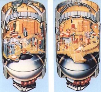Slik så Skylab, den første amerikanske romstasjonen, på innsiden. (Foto: (Illustrasjon: NASA)) Slik så Skylab, den første amerikanske romstasjonen, på innsiden. (Foto: (Illustrasjon: NASA))