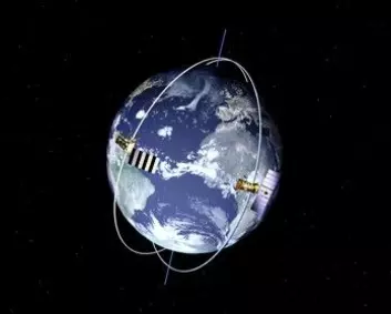 "Illustrasjonen viser banen til den Europeiske satellitten MetOp og en amerikansk NOAA-satellitt, som begge flyr i lave polare baner."