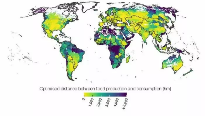 Kartet viser hvor stor avstand det er mellom forbruker og matproduksjon i landene i verden.