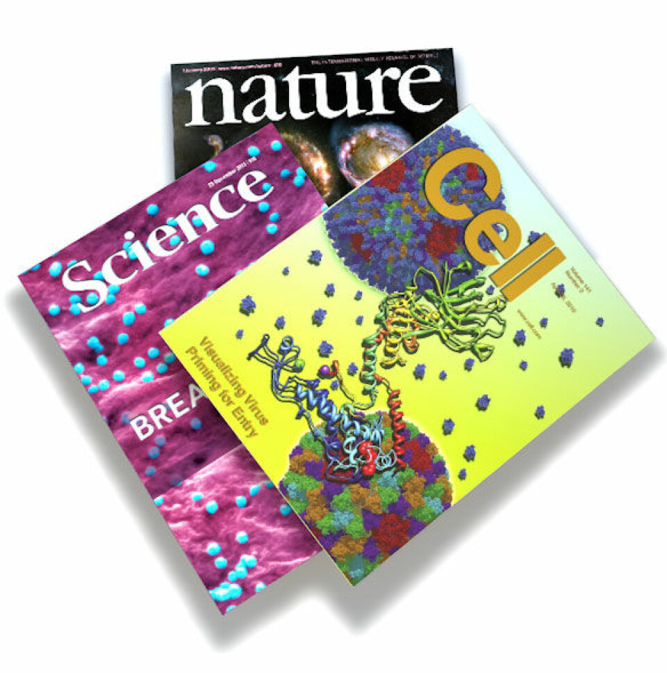 Cell, Nature, Science og de andre topptidsskriftene publiserer stadig færre av de toppsiterte forskningsartiklene som kommer ut. (Foto: (Bilde: faksimile Cell/Nature/Science, montasje forskning.no))