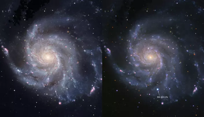 Til venstre: Bilde av galaksen Messier 101 før supernovaen, tatt av Hubble Space Telescope. Til høyre: SN2011fe på maks styrke. (Foto: BJ Fulton (LCOGT), PTF &amp; the Space Telescope Science Institute)