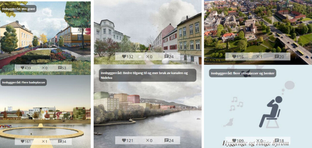 Forskerne har blant annet tatt del i et program for byutvikling i Trondheim, der også innbyggere ble med i prosessen og sendte blant annet inn skisser og forslag i en app, slik bildet viser. Forskerne har blant annet tatt del i et program for byutvikling i Trondheim, der også innbyggere ble med i prosessen og sendte blant annet inn skisser og forslag i en app, slik bildet viser.