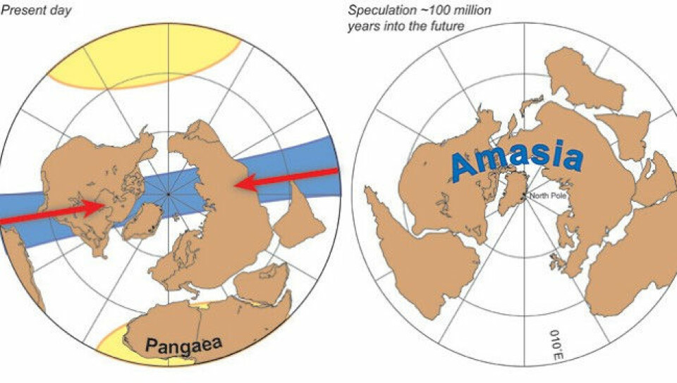 Modellen til venstre viser Jorda slik kontinentalplatene ligger i dag. Om 50- 200 millioner års tid lurer amerikanske geologer på om platene kan trekke sammen og danne ett superkontinent: AmAsia. (Foto: Yale University)