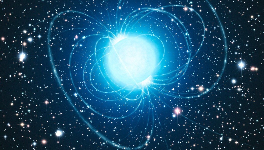 En kunstners fremstilling av en magnetar. Det er en død stjerne med ekstremt kraftig magnetfelt. En kunstners fremstilling av en magnetar. Det er en død stjerne med ekstremt kraftig magnetfelt.