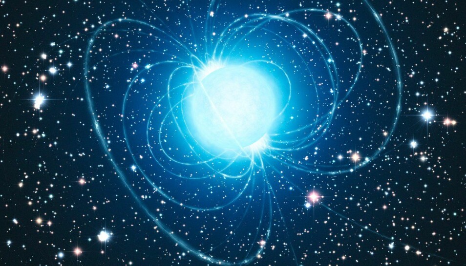 En kunstners fremstilling av en magnetar. Det er en død stjerne med ekstremt kraftig magnetfelt.
