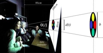 Når forsøket gjennomføres, plasseres babyen cirka 80 centimeter fra en stor skjerm. Ved hjelp av elektrodehetten registreres hjerneaktiviteten til barnet mens det utsettes for ulike typer visuelle stimuli på skjermen. Et øyekamera registrerer samtidig hvor på skjermen babyen fester blikket. (Foto: (Illustrasjon: NTNU)) Når forsøket gjennomføres, plasseres babyen cirka 80 centimeter fra en stor skjerm. Ved hjelp av elektrodehetten registreres hjerneaktiviteten til barnet mens det utsettes for ulike typer visuelle stimuli på skjermen. Et øyekamera registrerer samtidig hvor på skjermen babyen fester blikket. (Foto: (Illustrasjon: NTNU))