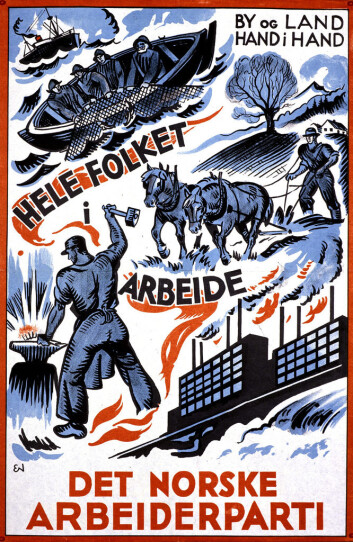 Arbeiderpartiets slagord «Hele folket i arbeid» fra 1933 var så sterkt at det fremdeles står meislet i manges bevissthet. (Foto: (Illustrasjon: Arbeiderpartiet)) Arbeiderpartiets slagord «Hele folket i arbeid» fra 1933 var så sterkt at det fremdeles står meislet i manges bevissthet. (Foto: (Illustrasjon: Arbeiderpartiet))