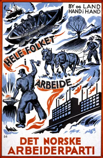 Arbeiderpartiets slagord «Hele folket i arbeid» fra 1933 var så sterkt at det fremdeles står meislet i manges bevissthet. (Foto: (Illustrasjon: Arbeiderpartiet))