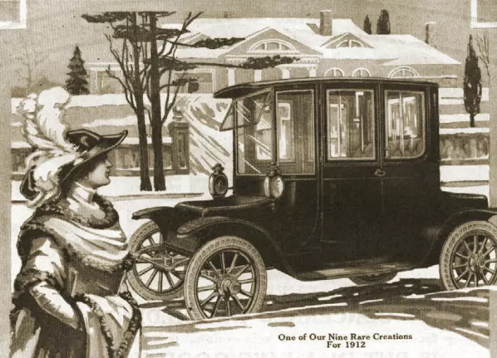 Reklame for elektrisk bil, 1912. Hver tredje bil i USA var elektrisk på begynnelsen av 1900-tallet. (Foto: (Illustrasjon: Wikimedia Commons))