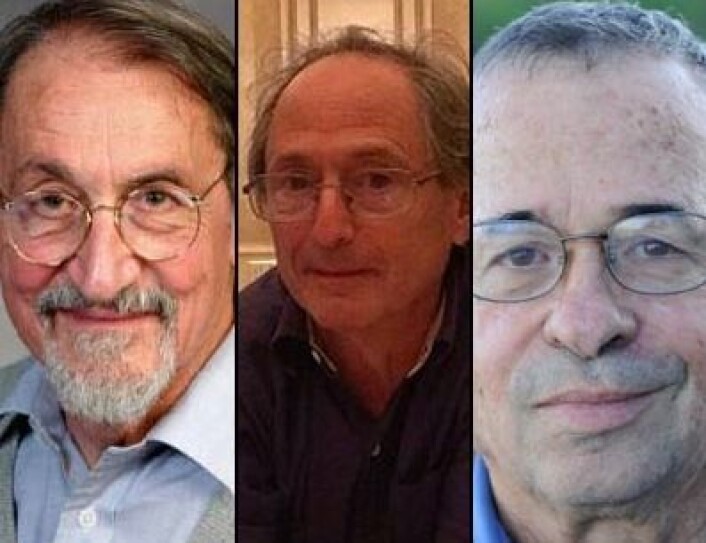 Martin Karplus (fra USA og Østerike), Michael Levitt (USA, Storbritannia og Israel) og Arieh Warshel (USA og Israel) deler på Nobelprisen i kjemi - og de 8 millioner svenske kronene som følger med. (Foto: Montasje) Martin Karplus (fra USA og Østerike), Michael Levitt (USA, Storbritannia og Israel) og Arieh Warshel (USA og Israel) deler på Nobelprisen i kjemi - og de 8 millioner svenske kronene som følger med. (Foto: Montasje)