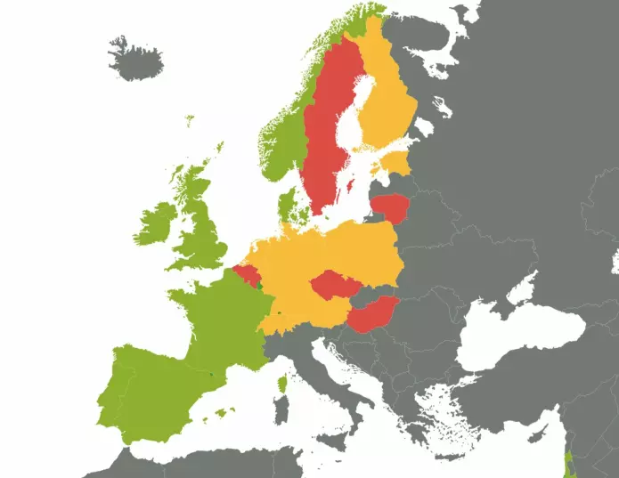 Fruktinntak: Kartet viser land som er fargemarkert etter hvor mye frukt de spiser. Mer enn en om dagen (grønn), en om dagen (gul) eller mindre enn en om dagen (rød).
