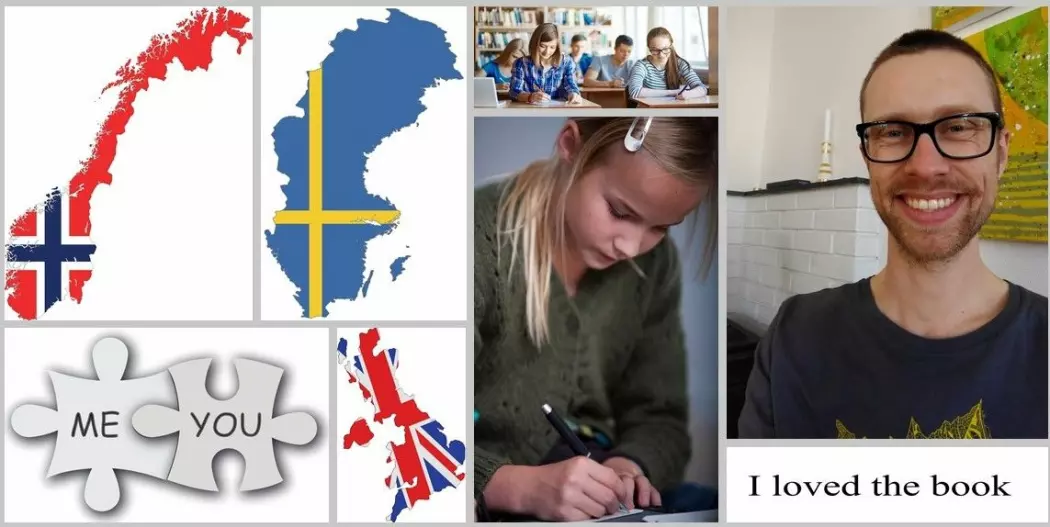 James Jacob Thomson (til venstre) forsker på hvordan skoleelever i Norge, Sverige og Storbritannia skriver engelsk.