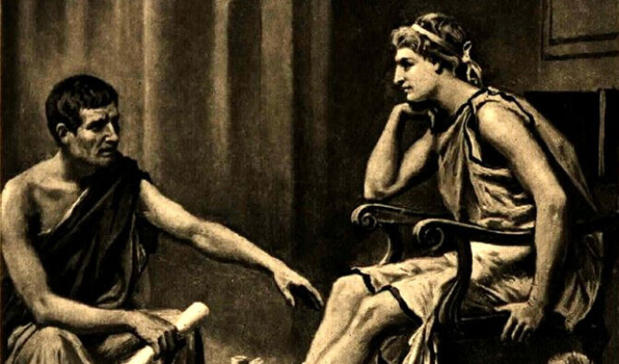 Aristotle is one of the key thinkers in the Western history of philosophy. He wrote his texts on happiness around 300 BC. In this painting by Jean Leome Gerome Ferris from 1895 he is teaching his pupil Alexander the Great. Aristotle is one of the key thinkers in the Western history of philosophy. He wrote his texts on happiness around 300 BC. In this painting by Jean Leome Gerome Ferris from 1895 he is teaching his pupil Alexander the Great.