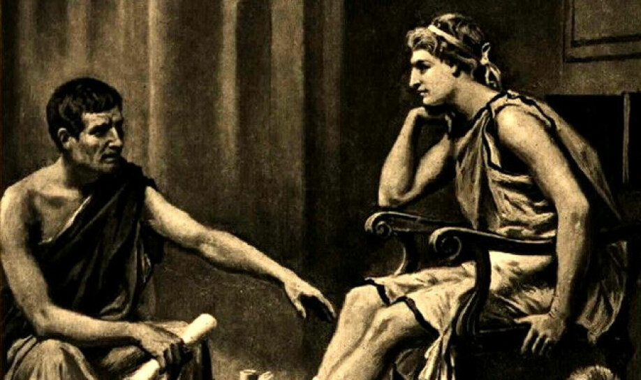 Aristoteles er en av de sentrale tenkerne i vestlig filosofihistorie. Han skrev sine verk om lykke på 300-tallet f.kr. I dette maleriet av Jean Leome Gerome Ferris fra 1895 underviser han sin elev Aleksander den store.