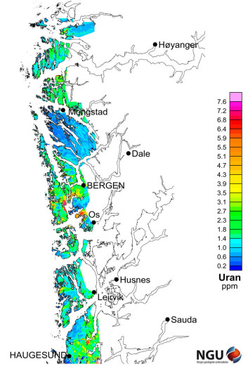 Her er den nordligste delen av urankartet, som viser hvor radioaktiv kysten av Vestlandet er. Gule og røde felter viser høye verdier av uran, blått betyr svært lave verdier. (Illustrasjon: NGU) Her er den nordligste delen av urankartet, som viser hvor radioaktiv kysten av Vestlandet er. Gule og røde felter viser høye verdier av uran, blått betyr svært lave verdier. (Illustrasjon: NGU)