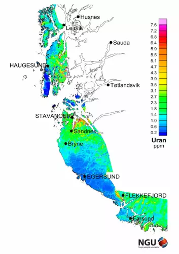 Her er den sørligste delen av urankartet, som viser hvor radioaktiv kysten av Vestlandet er. Gule og røde felter viser høye verdier av uran, blått betyr svært lave verdier. (Illustrasjon: NGU)