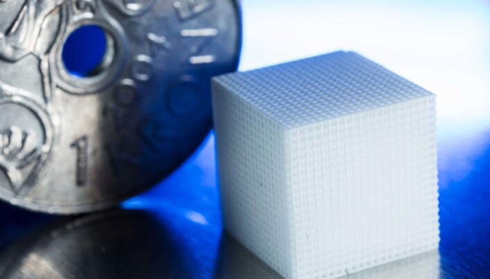 Forskerne arbeider med små enheter. Kuben på bildet er et eksempel for å vise hvor smått det som kommer ut av en 3D-printer kan være i forhold til et kronestykke. Forskerne arbeider med små enheter. Kuben på bildet er et eksempel for å vise hvor smått det som kommer ut av en 3D-printer kan være i forhold til et kronestykke.